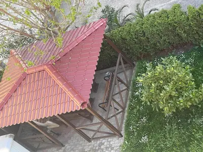 an overhead view of a house with a red roof at A Tiny Flat in Sunny Beach
