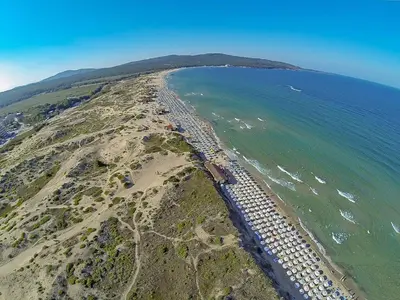 an aerial view of a beach next to the ocean at Studio Nina in Primorsko