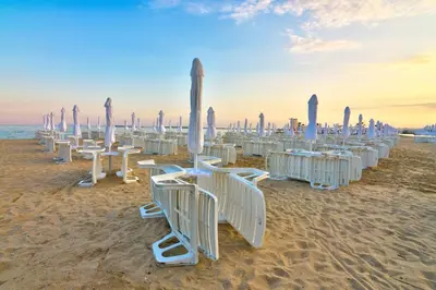 a row of beach chairs and umbrellas on the beach at Mia Cassa in Sveti Vlas