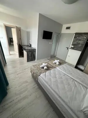 a bedroom with a large bed and a sink at Studios and Apartments Pomorie in Pomorie