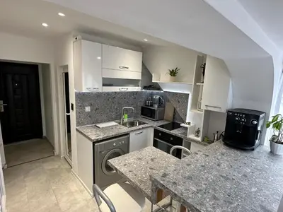 a kitchen with a sink and a counter top at Lovely studio in Burgas in Burgas City