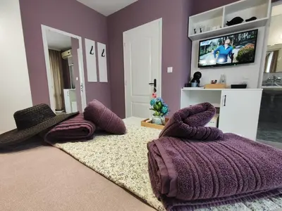 a living room with purple walls and a tv at AMORE Obzor in Obzor
