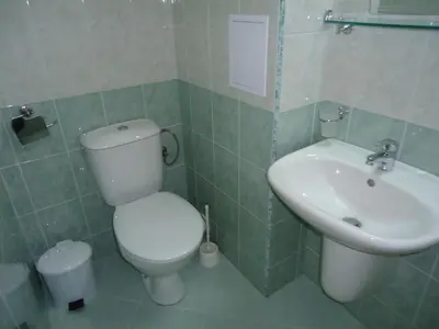 a bathroom with a toilet and a sink at Pension RUSKOVI GuestHouse in Ravda