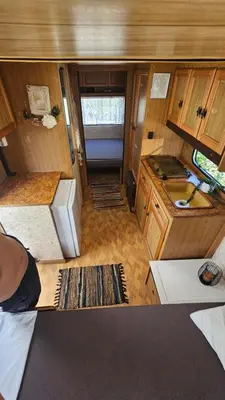 an overhead view of a kitchen in an rv at Beachfront Caravans in Chernomorets