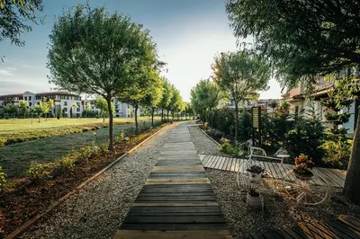 a wooden pathway with benches and trees in a park at Green Line Villa Sozopol in Sozopol
