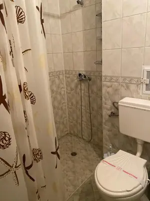 a bathroom with a shower with a toilet and a shower curtain at Sozopol Apartment 3 in Sozopol