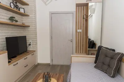 a living room with a couch and a television at Alagen Apartments Burgas in Burgas City