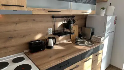 a small kitchen with a sink and a refrigerator at Apartment ADELINA in Tsarevo