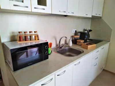 a kitchen counter with a microwave and a sink at Elisa Studio in Byala