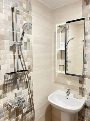 a bathroom with a sink and a shower at Мореплавателите / The seafarers in Sozopol
