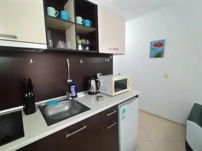 a small kitchen with a sink and a microwave at Сънсет Бийч 3 in Sunny Beach