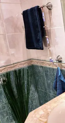 a bathroom with a shower with a blue towel at Синьо лято /Blue summer in Sunny Beach