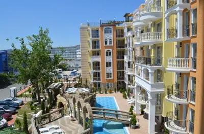 arial view of a hotel with a pool and buildings at Sweet Homes 2 Holiday Apartment in Sunny Beach