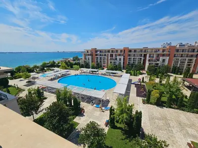 an aerial view of a resort with a swimming pool at Prestige Fort Beach apartment, Studio in Sveti Vlas