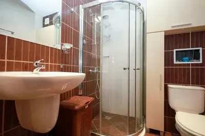 a bathroom with a shower and a sink and a toilet at Santa Cruz apartment in Burgas City