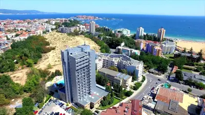 an aerial view of a city with a beach and buildings at PARADISO 'В' 207 Two Bedroom Apartment in Nesebar