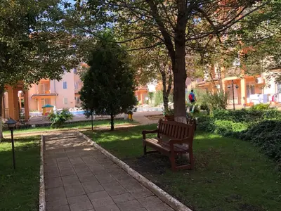 a park bench sitting under a tree next to a sidewalk at Sunny apartment in Sunny Beach in Sunny Beach