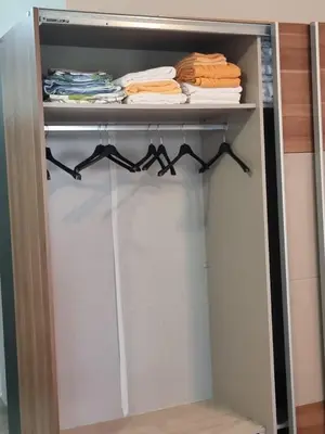 a closet with a white door and a shelf with towels at Domus Extra Apartment in Sveti Vlas