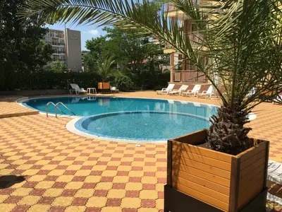 a swimming pool with a palm tree in a resort at Beatris Family House in Sunny Beach