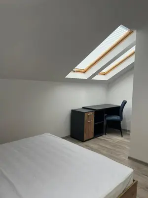 a bedroom with a bed and a desk and a skylight at Zagorovi -1 SP apartments in Burgas City