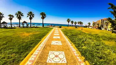 a walkway at the beach with palm trees at William's apartments - fifth amazing studio in Sveti Vlas