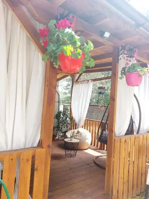 a porch with two potted plants and white curtains at Каравана Summer time in Chernomorets