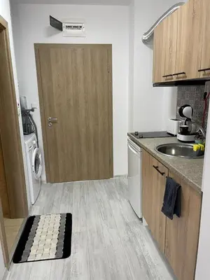 a small kitchen with a sink and a door at k.k Elenite Vila Astoria 5 in Sveti Vlas