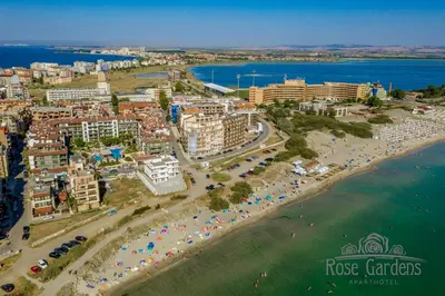 an aerial view of a beach and the ocean at Rose Gardens Apart Hotel in Pomorie