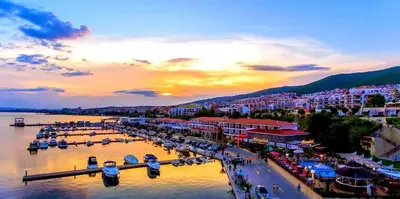 a view of a harbor with boats in the water at Royal Bay-I Seaview Apartment in Sveti Vlas
