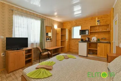 a living room with a bed and a television at Elmona Villas in Kamchia