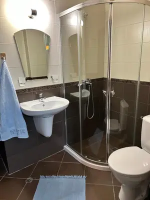 a bathroom with a shower and a sink and a toilet at Голям апартамент с прекрасна гледка кьм морето in Ravda