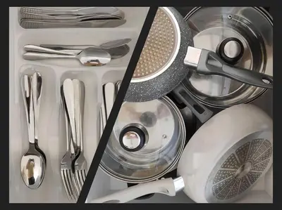 a kitchen drawer with utensils and a strainer at Beachfront Panoramic Flat @ South Bay residence in Varna City