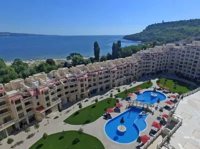 an aerial view of a resort with a swimming pool at Beachfront Panoramic Flat @ South Bay residence in Varna City