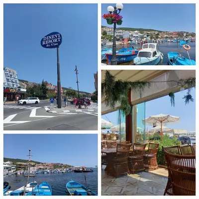 a collage of four pictures of a marina with boats at Polarstar 2-Zimmer Appartements in Sveti Vlas