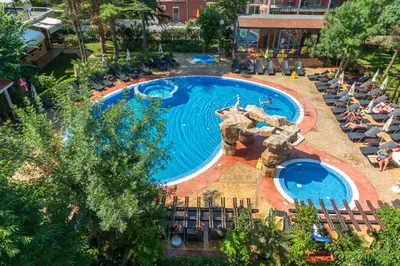 an overhead view of a pool at a resort at Hotel Venus in Sunny Beach
