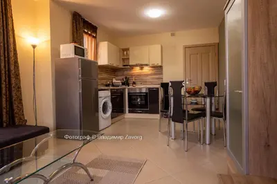a kitchen with a refrigerator and a table with chairs at Kalia apartment in Sunny Beach