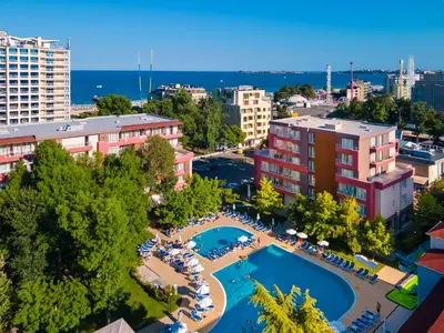 an aerial view of a city with a river and buildings at Asteria Family Sunny Beach - Ultra All Inclusive in Sunny Beach