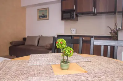 a table with a vase with flowers on top of it at Chrystal Guest House in Obzor