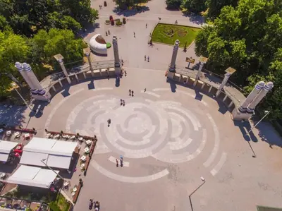 an aerial view of a large clock in a park at Festival and Congress Centre Appartment Varna in Varna City