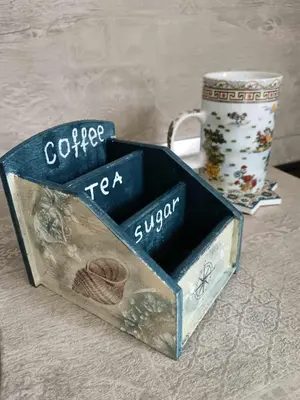a blue box with a coffee tea sugar in it at Sea Time Burgas1 in Burgas City