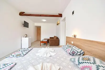a bedroom with a large bed with two pillows at Hotel Koral in Primorsko