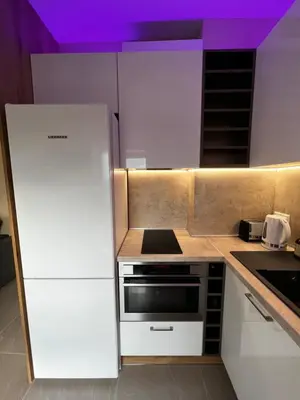 a kitchen with a white refrigerator and a stove at Varna downtown apartment in Varna City