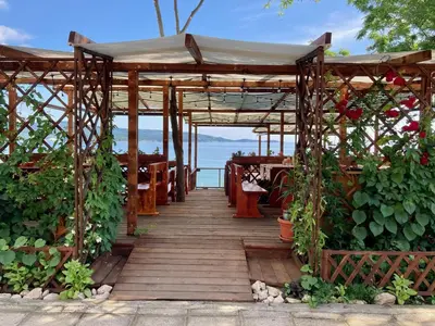 a wooden walkway with a pergola and some plants at Plovdiv Hotel in Primorsko