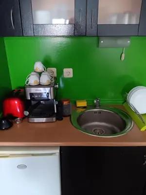 a kitchen counter with a sink and a green wall at Aparthotel Rutland bay in Ravda
