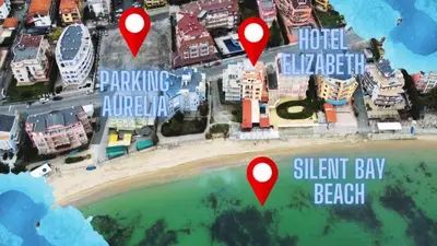 a map of a beach with red pointers at Elizabeth Beach Apartments in Nesebar