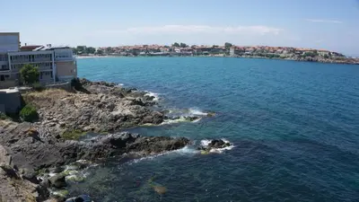 an aerial view of the ocean near a rocky shore at Sozopol Apartment with Sea View in Sozopol
