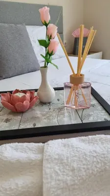 a coffee table with vases and flowers on top of a bed at Sea Dreams Sunrise Apartment in Sveti Vlas