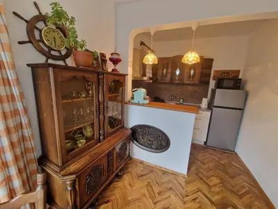a kitchen with a counter and a refrigerator at ap Malinov 15 in Varna City