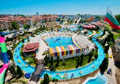 an aerial view of a pool at a water park at Two-bed flat in Sunny Beach with pool view in Sunny Beach
