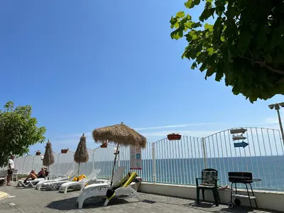 a beach with chairs and umbrellas and the ocean at Alex Beach in Elenite